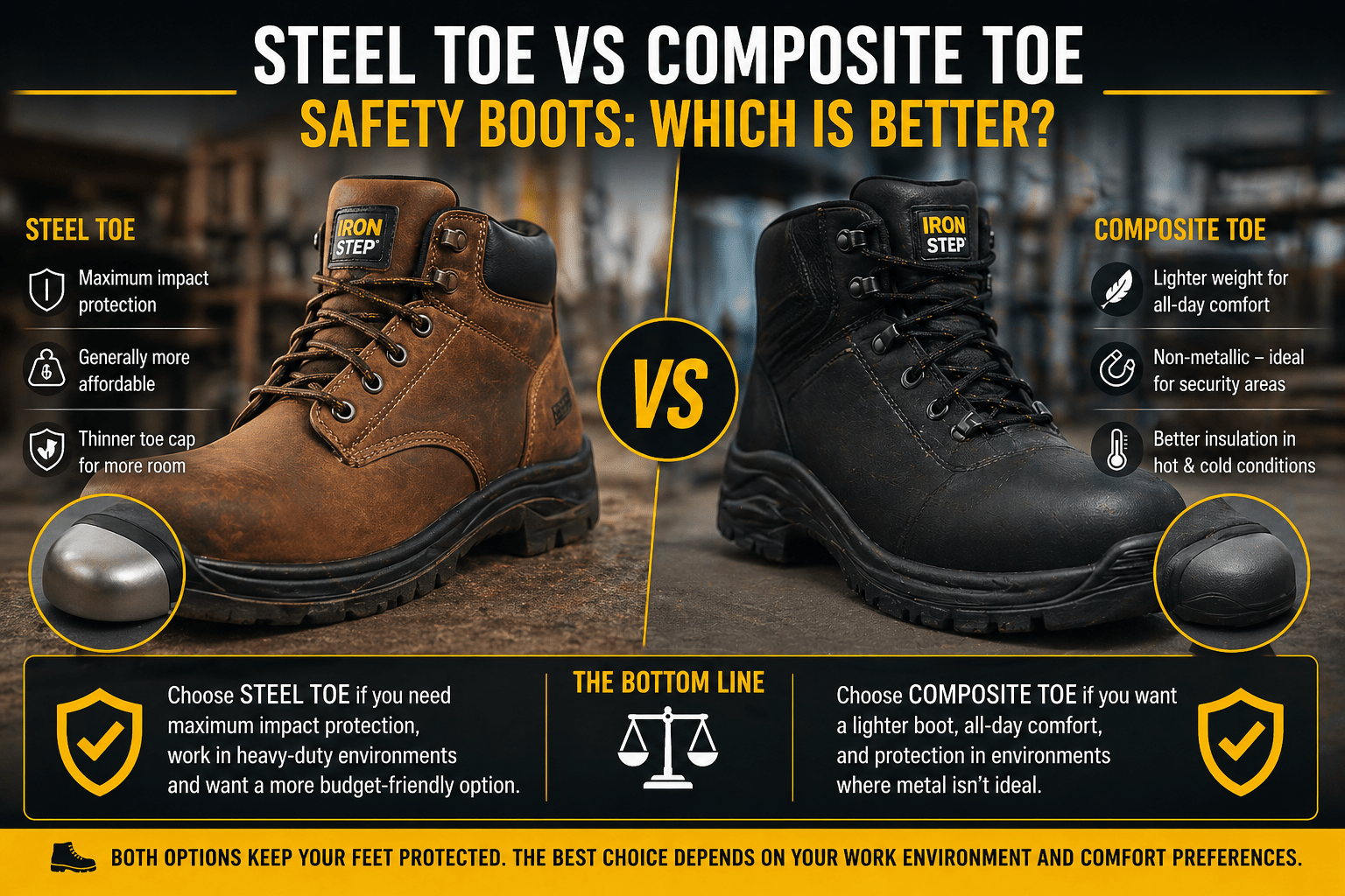 Steel Toe vs Composite Toe Safety Boots: Which is Better? - IronStep